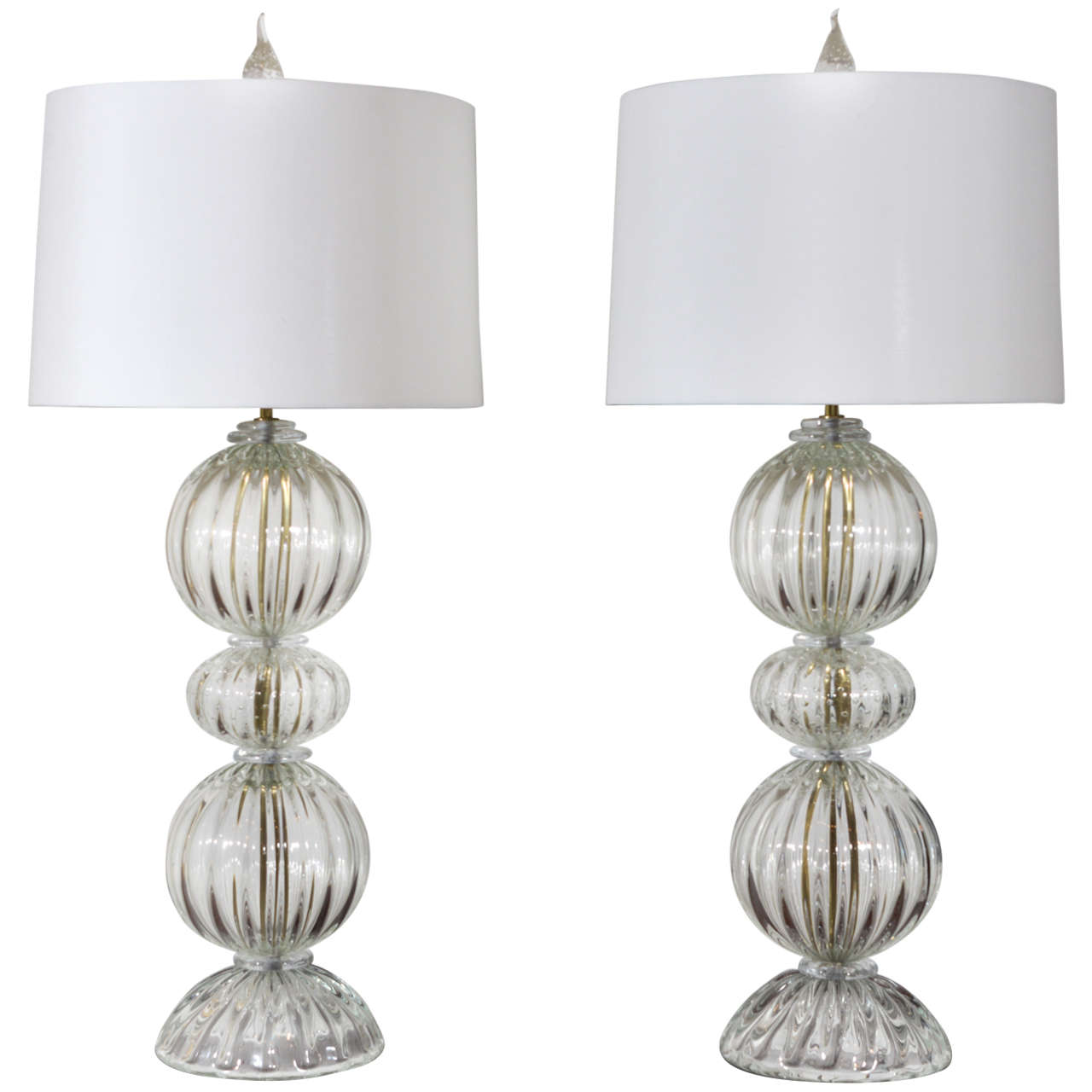 Pair of Clear Murano Glass Lamps by Barovier For Sale