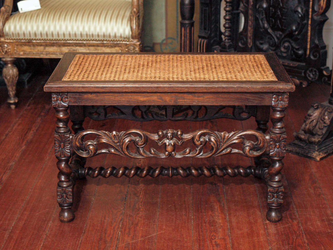 French Pair of Carved Benches with Cane Tops
