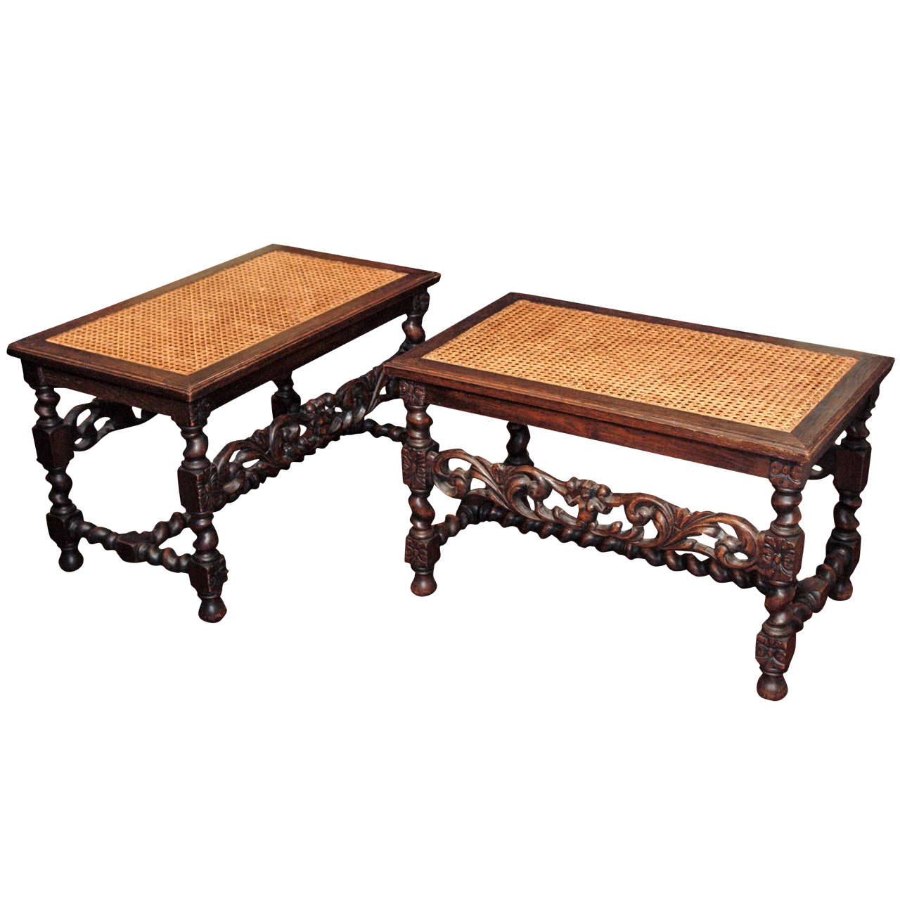 Pair of Carved Benches with Cane Tops