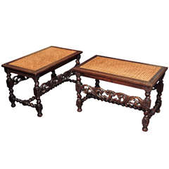 Antique Pair of Carved Benches with Cane Tops