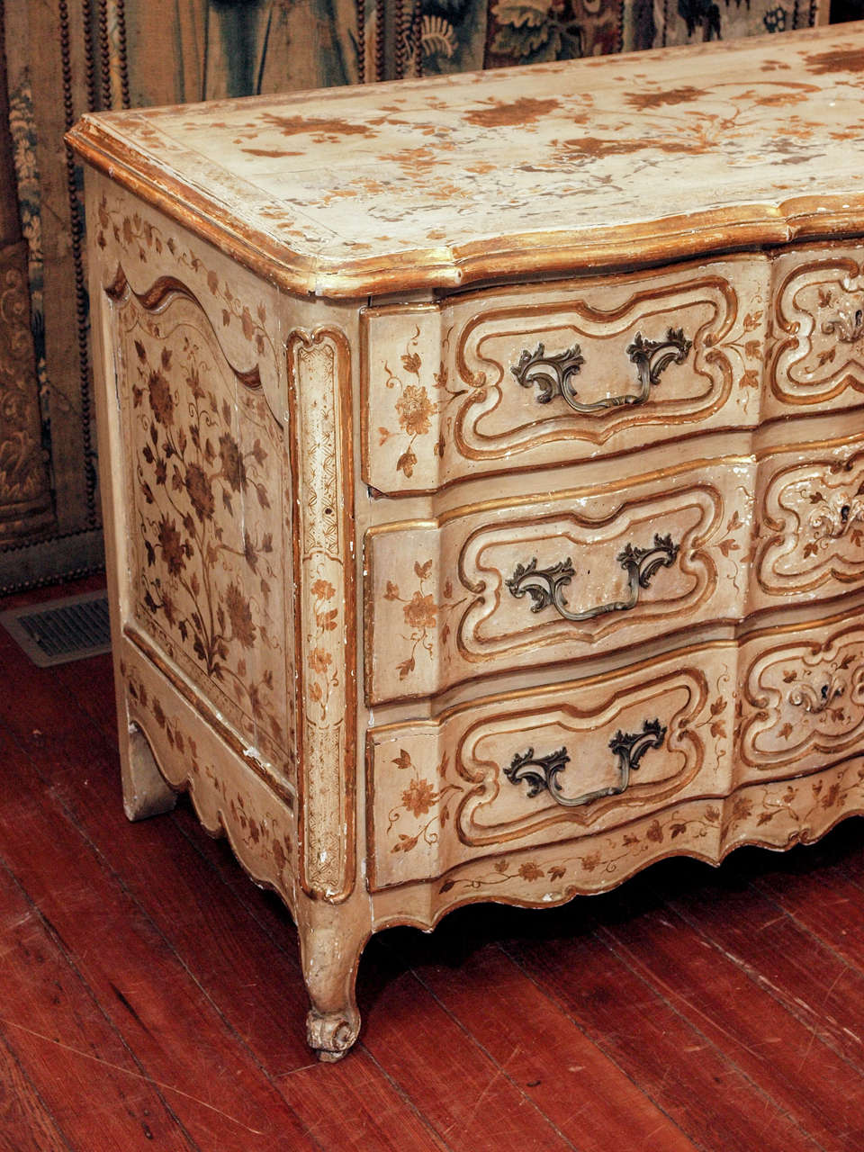 French Louis XV Parcel Gilt and Painted Three Drawer Commode