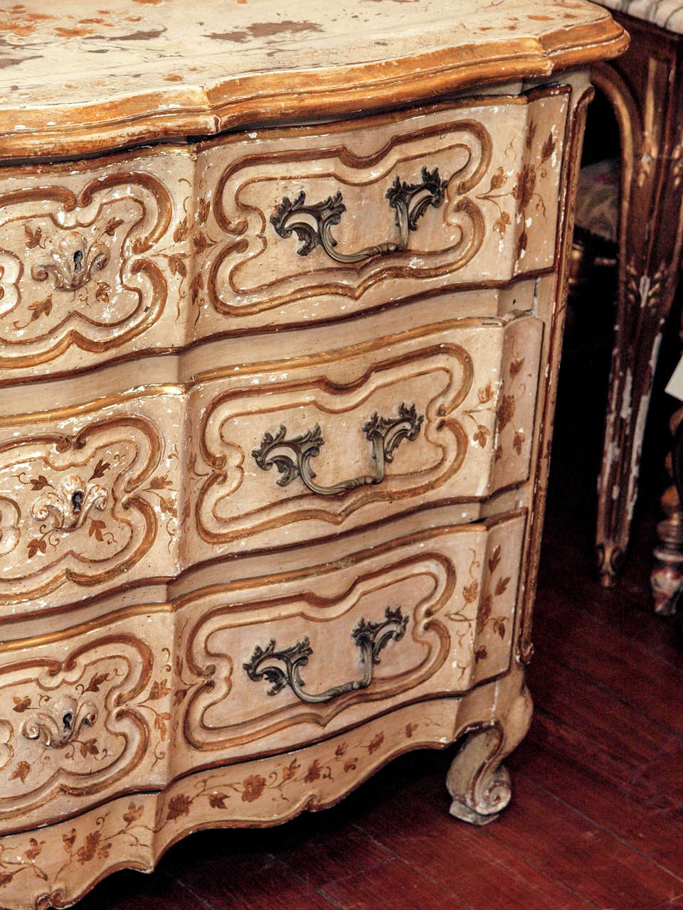 Louis XV Parcel Gilt and Painted Three Drawer Commode In Good Condition In Natchez, MS