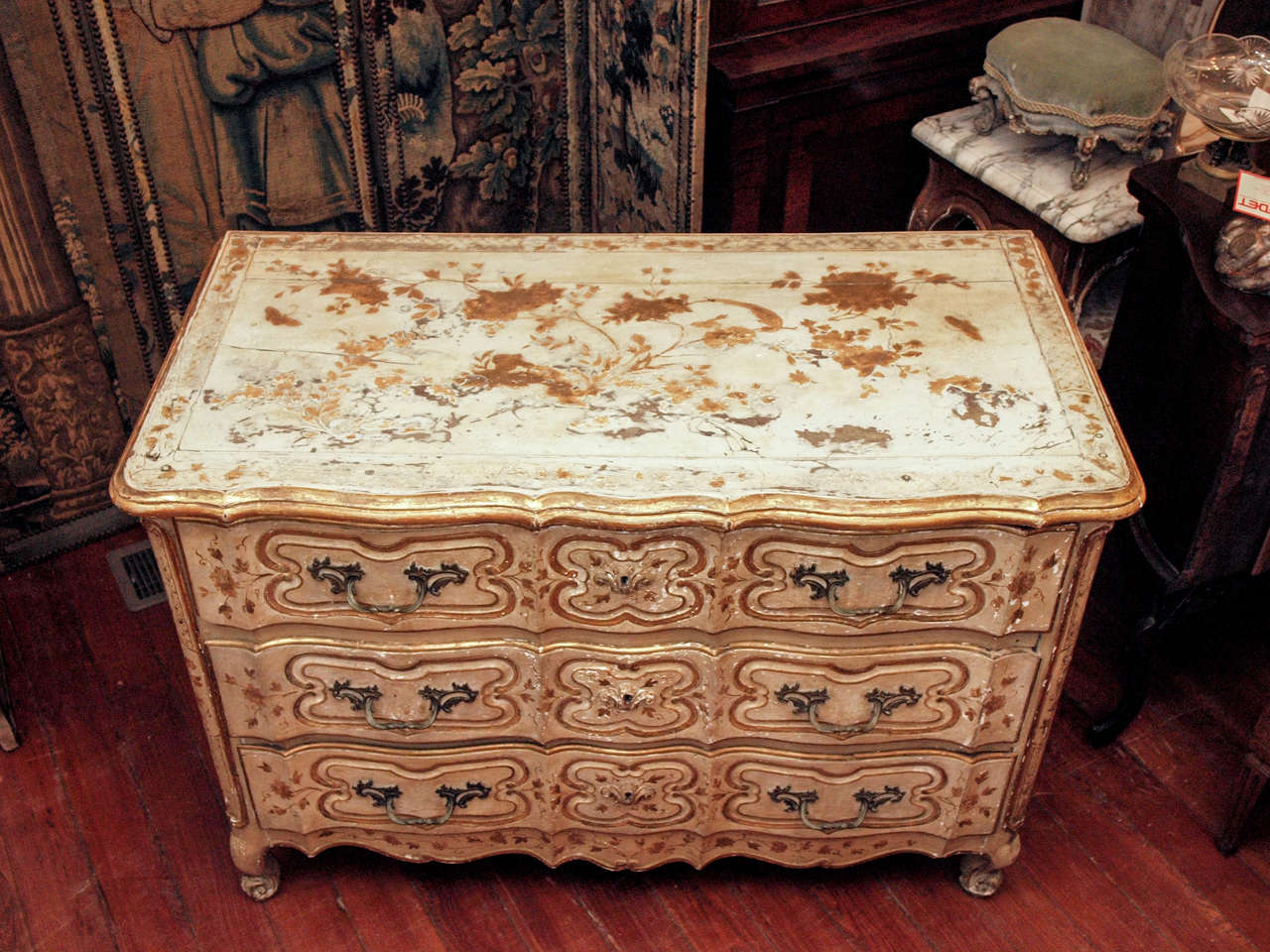 18th Century and Earlier Louis XV Parcel Gilt and Painted Three Drawer Commode