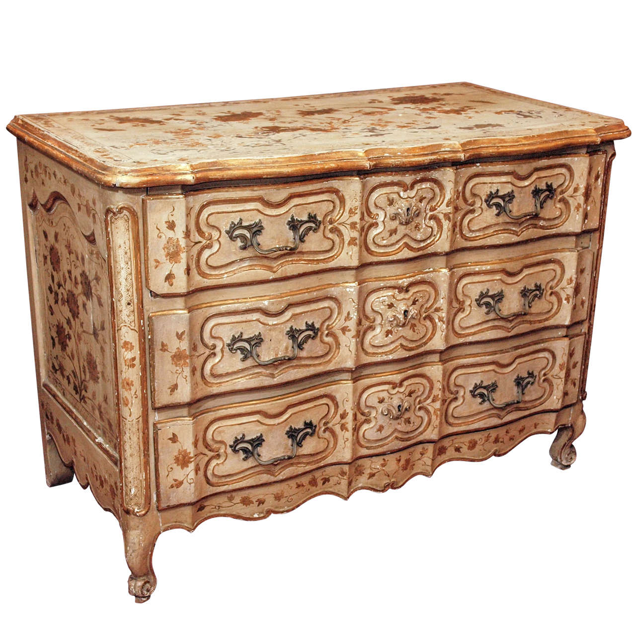 Louis XV Parcel Gilt and Painted Three Drawer Commode