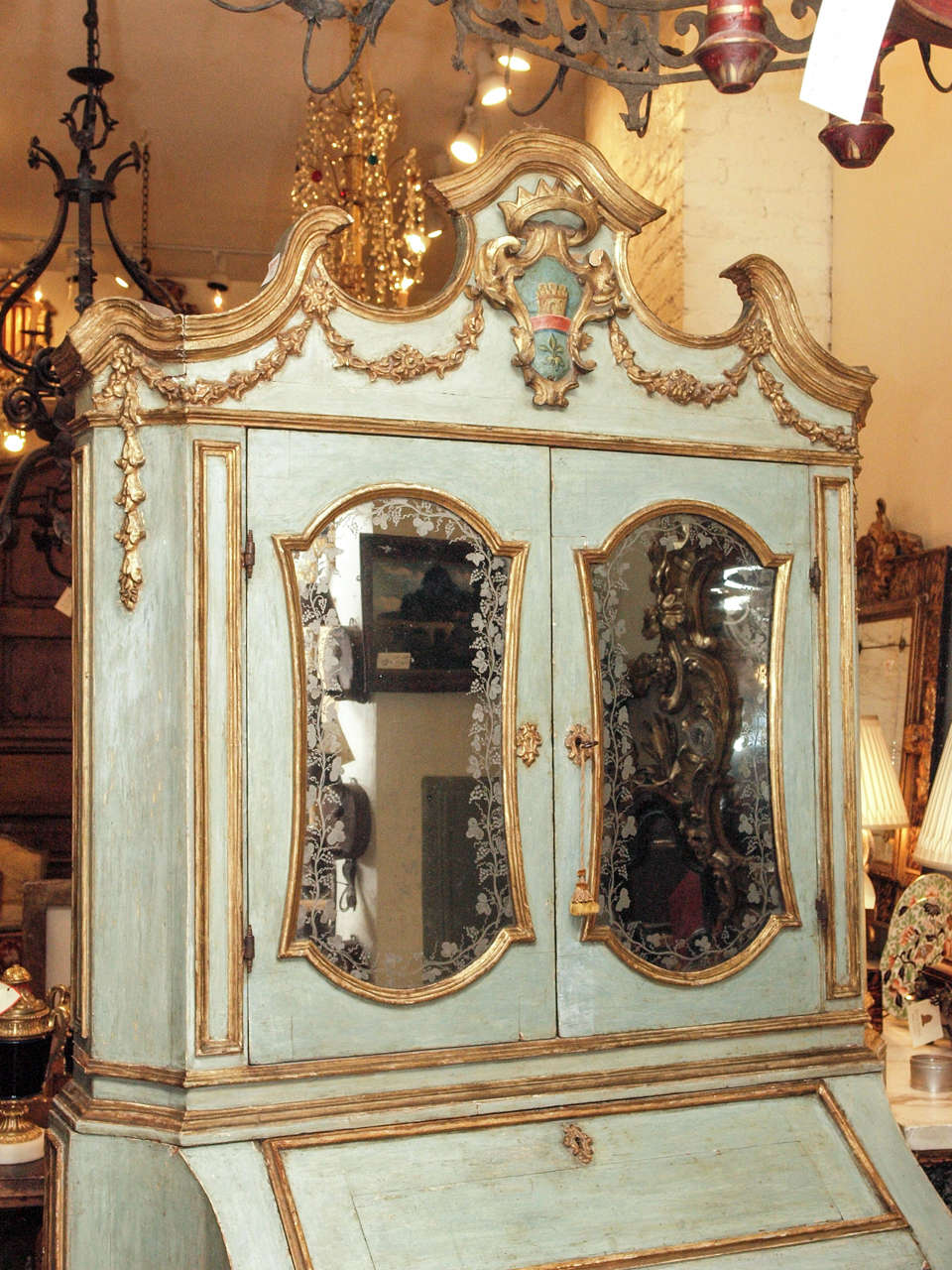 Baroque 18th c Paint and Parcel Gilt Mirrored Door Secretary Bookcase