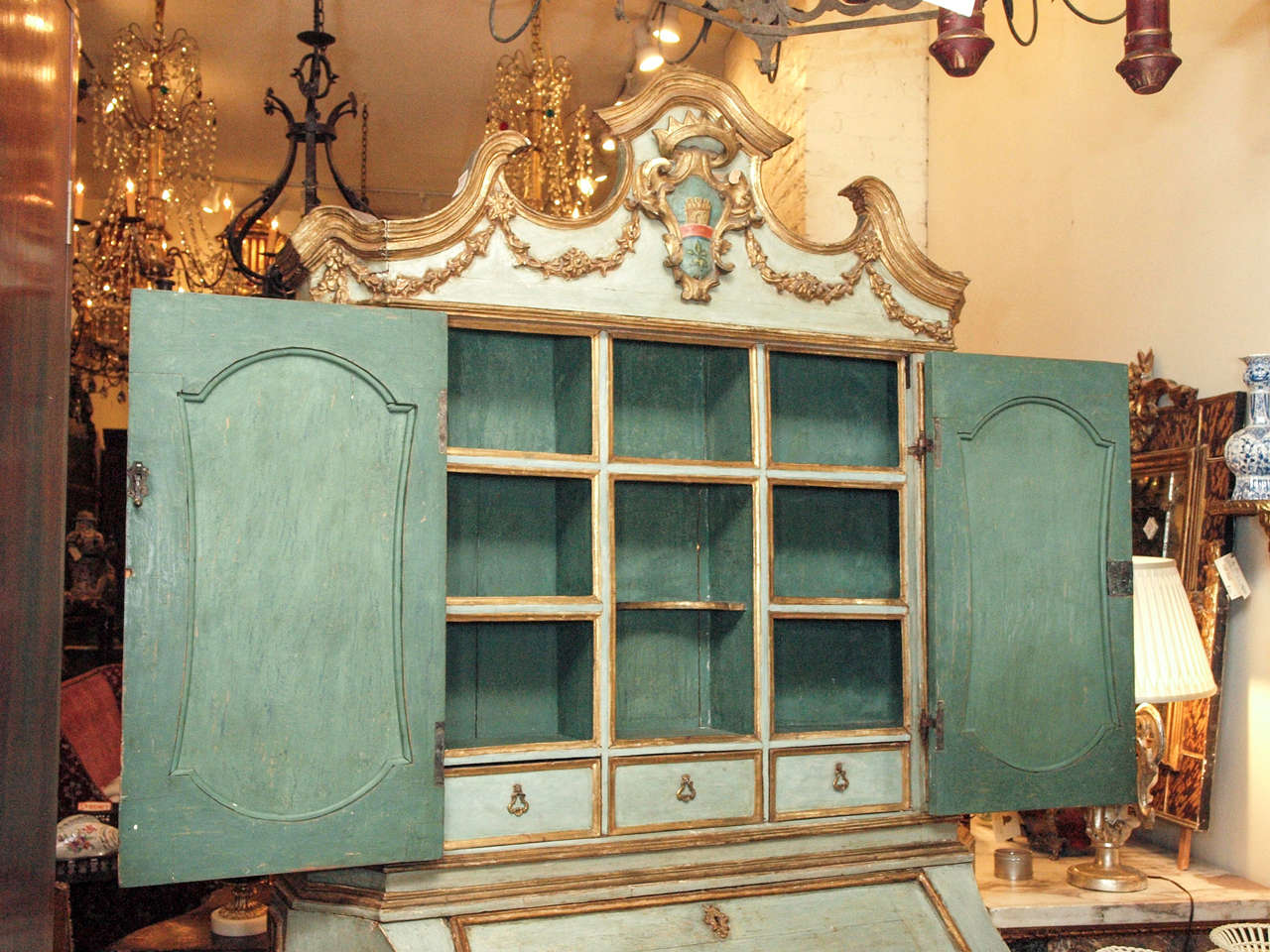 Italian 18th c Paint and Parcel Gilt Mirrored Door Secretary Bookcase