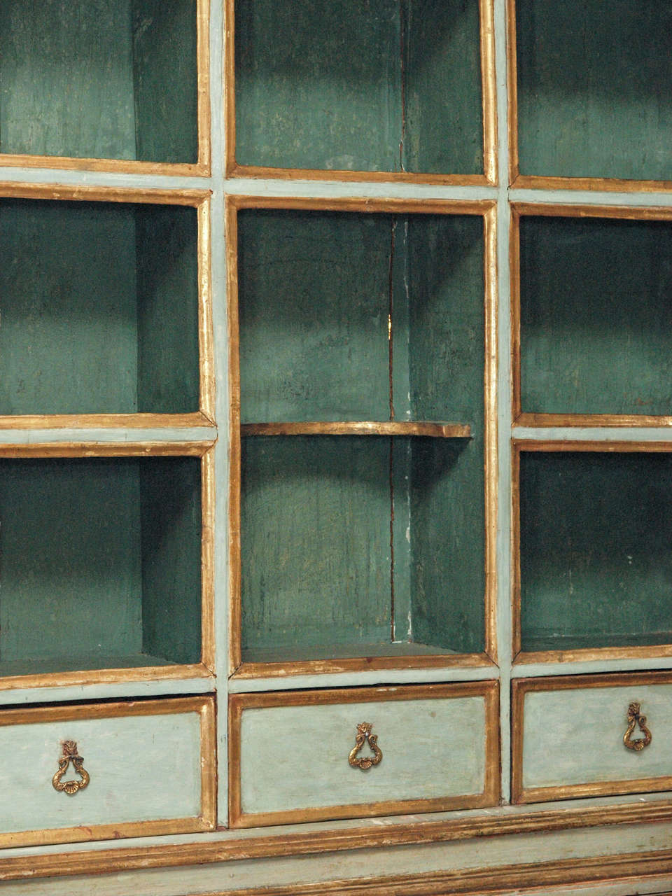 Painted 18th c Paint and Parcel Gilt Mirrored Door Secretary Bookcase