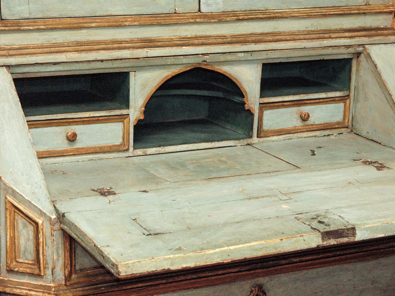 18th Century and Earlier 18th c Paint and Parcel Gilt Mirrored Door Secretary Bookcase