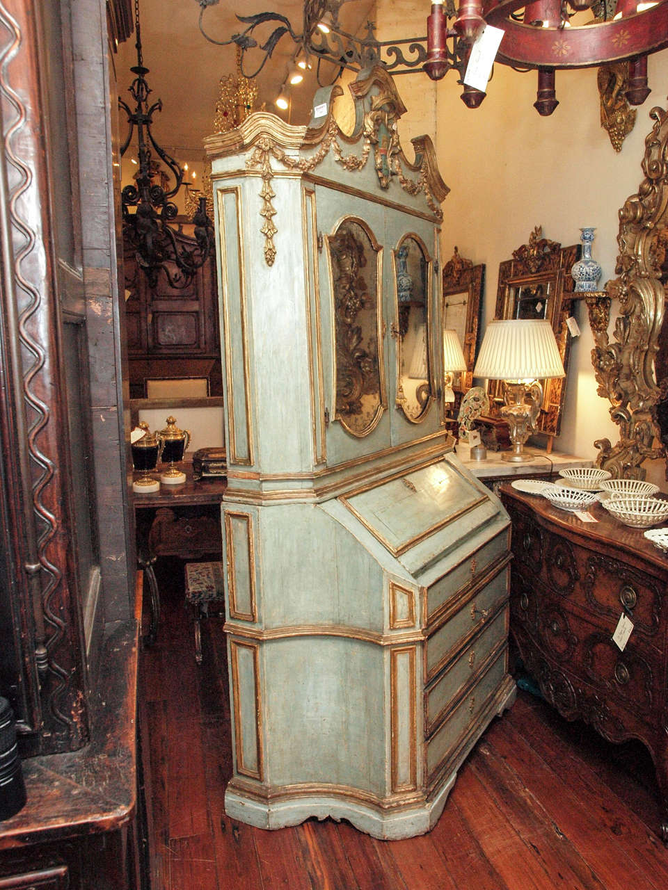 18th c Paint and Parcel Gilt Mirrored Door Secretary Bookcase 2