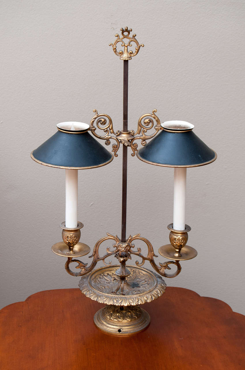 This Belle Epoche 2-light lamp was probably made in France. All hand cast and finished. Adjustable height shades. Electrified and newly re-wired; otherwise, all original.