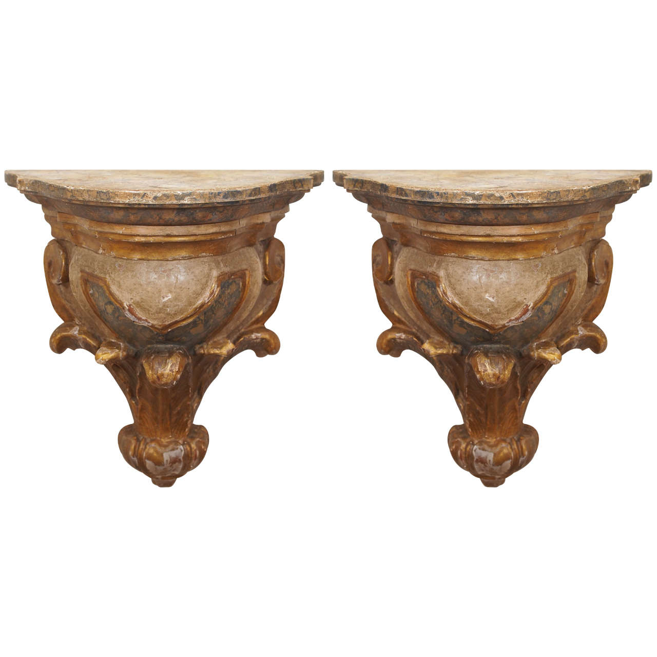 Pair of Rococo Polychrome and Gilt Wall Brackets
