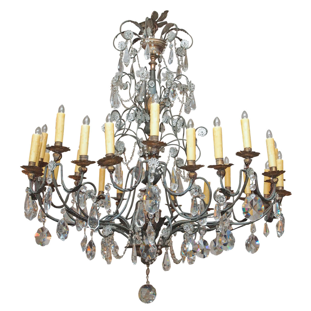 Large, Multi-Light Tole and Crystal Chandelier For Sale