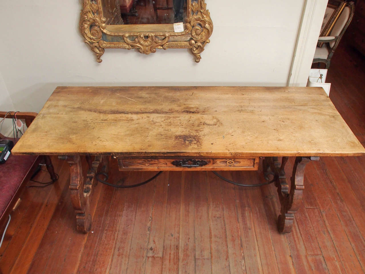 Spanish Trestle Table with Drawer In Good Condition For Sale In New Orleans, LA