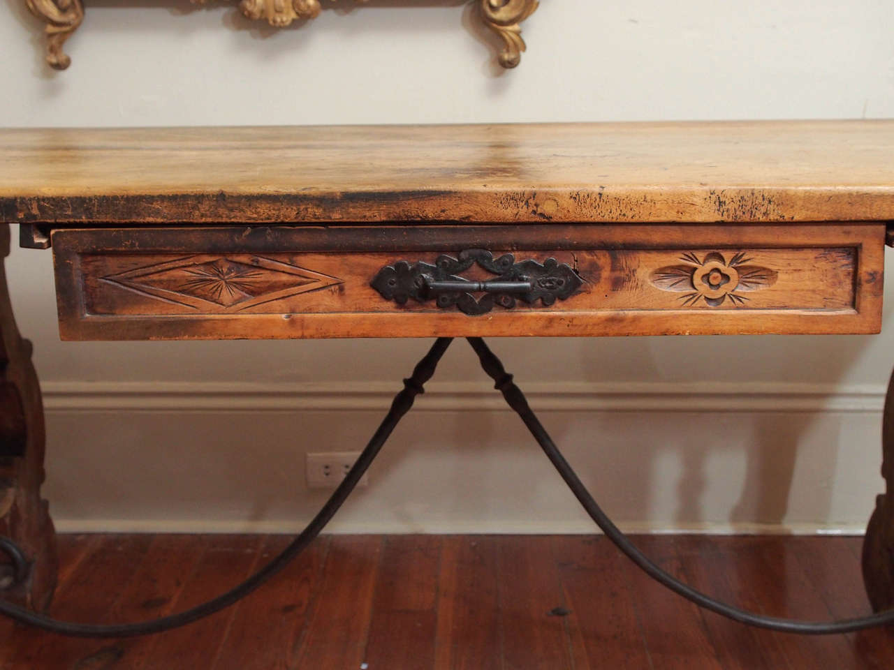 19th Century Spanish Trestle Table with Drawer For Sale