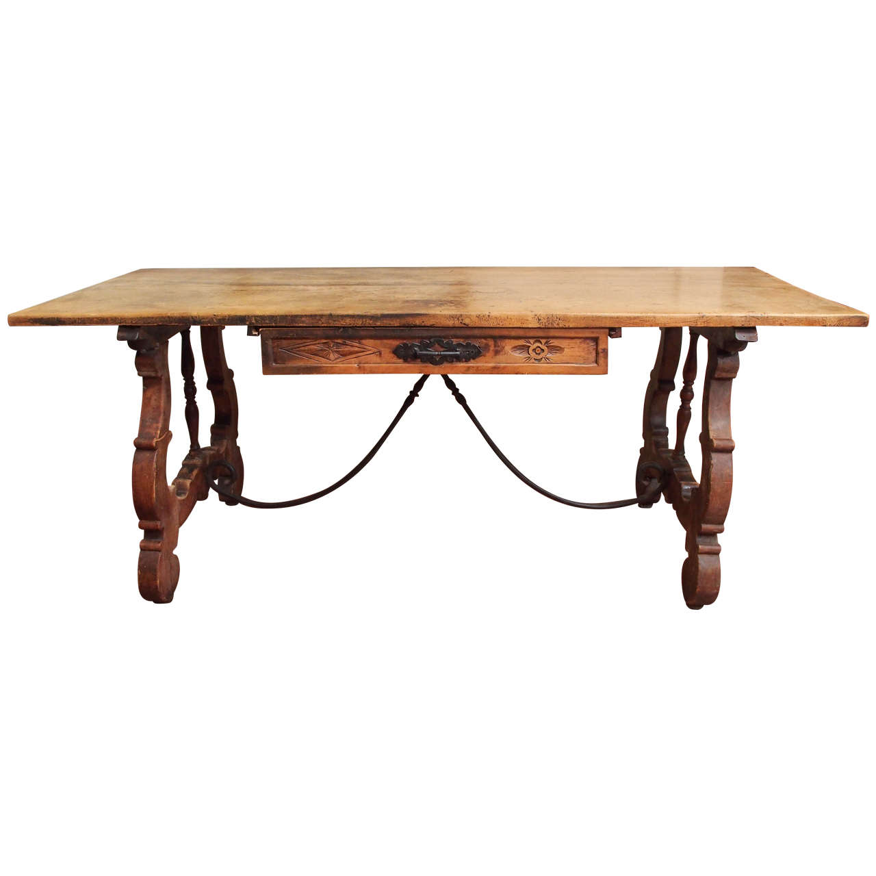 Spanish Trestle Table with Drawer For Sale