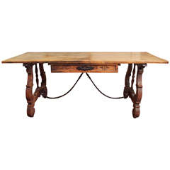 Antique Spanish Trestle Table with Drawer