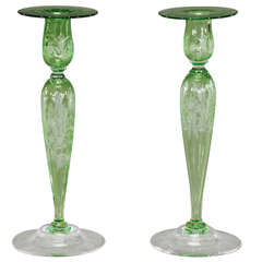 Antique Steuben Pair of Handblown, Pomona Green Crystal Candlesticks 