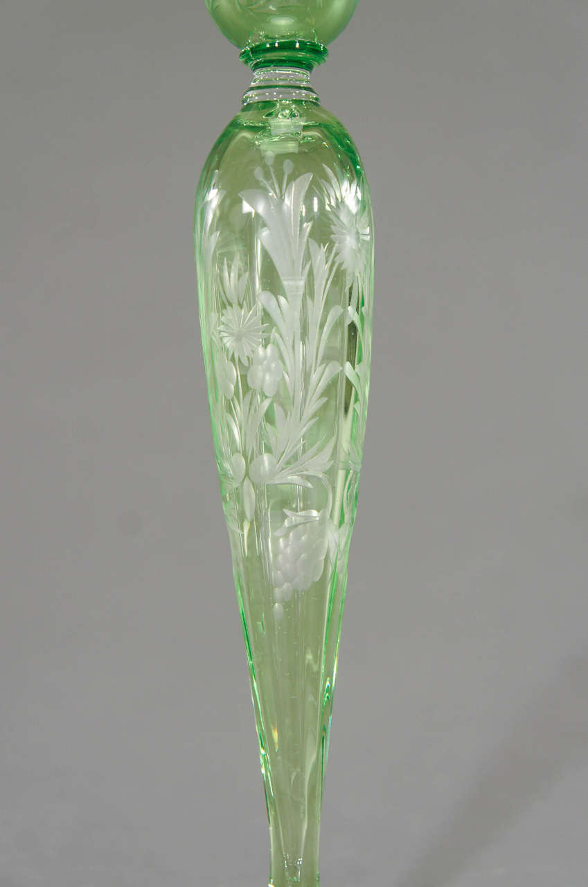 Art Nouveau Steuben Pair of Handblown, Pomona Green Crystal Candlesticks  For Sale