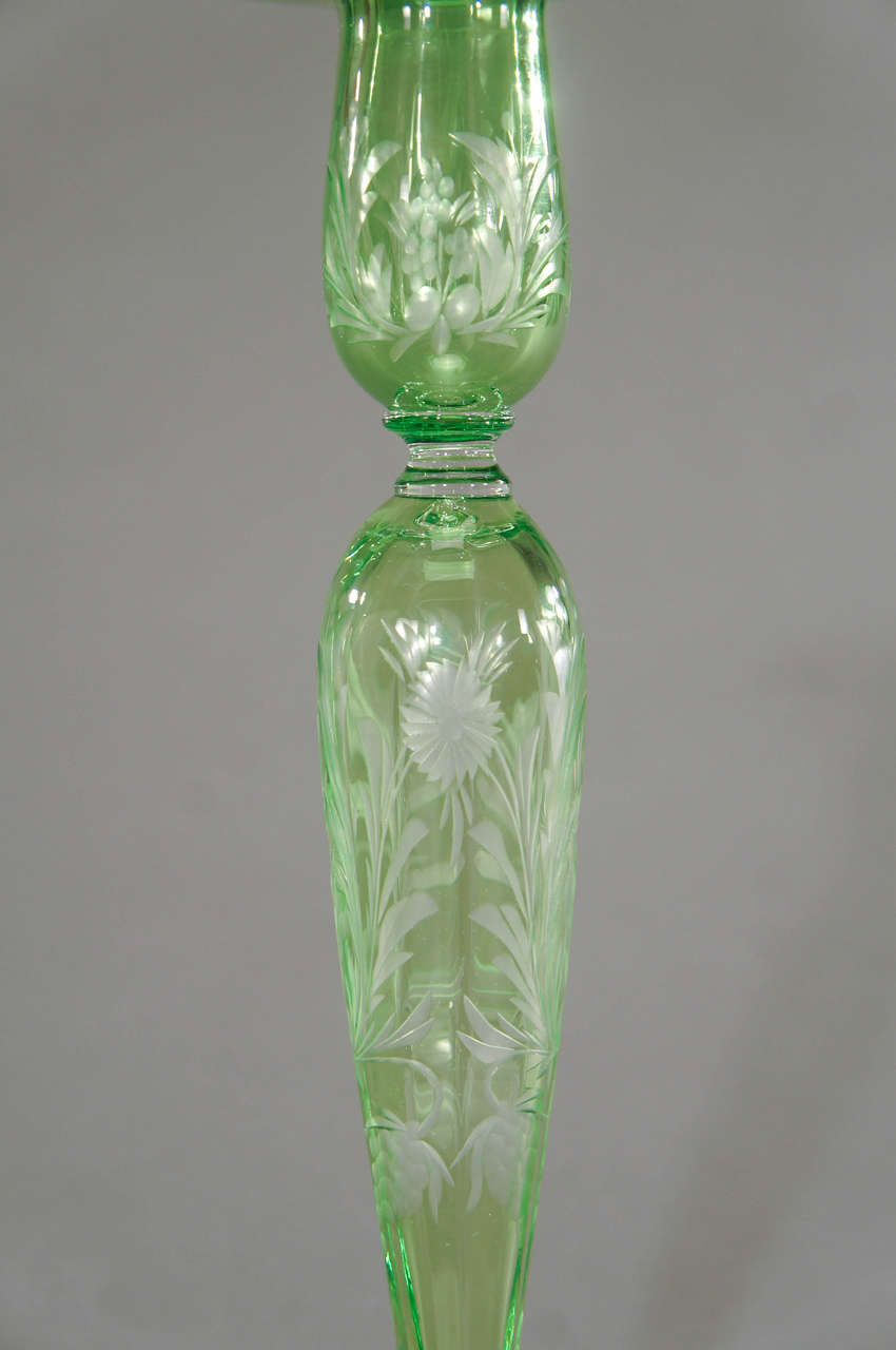 American Steuben Pair of Handblown, Pomona Green Crystal Candlesticks  For Sale