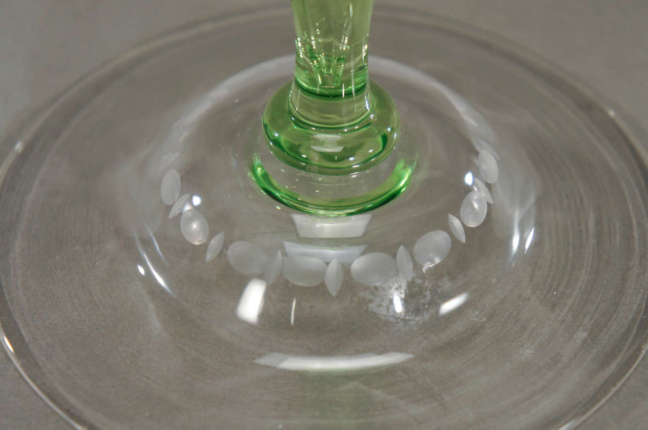 Engraved Steuben Pair of Handblown, Pomona Green Crystal Candlesticks  For Sale