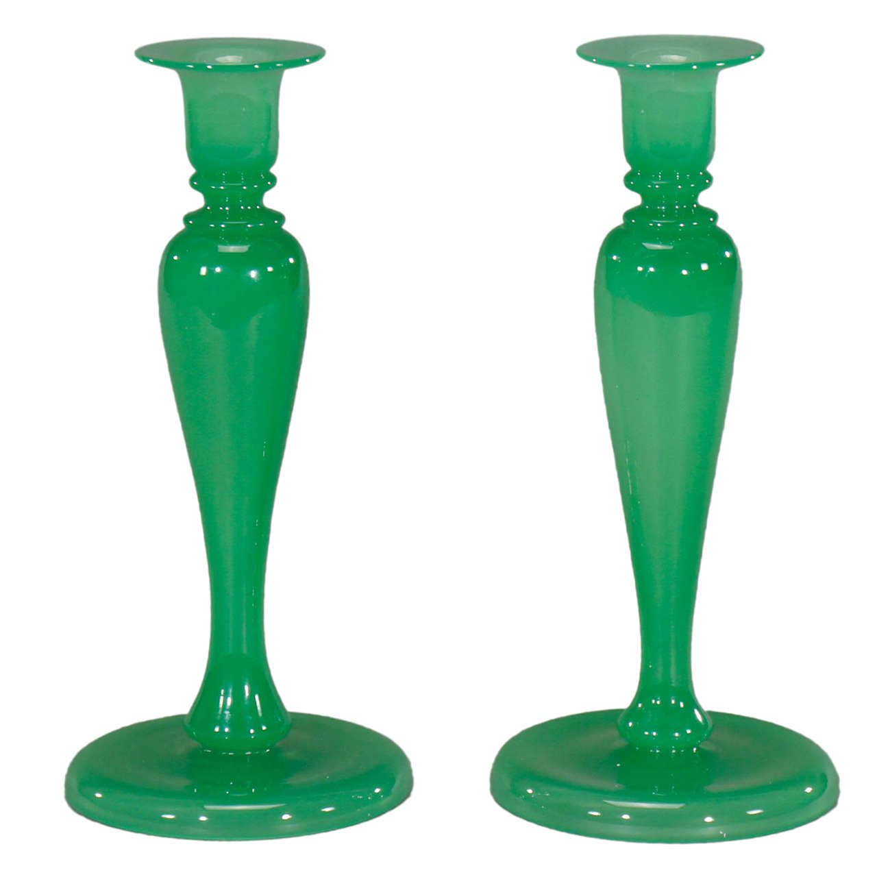 Pair of Stevens & Williams "Jade Green" Classical Form 12" Candlesticks For Sale