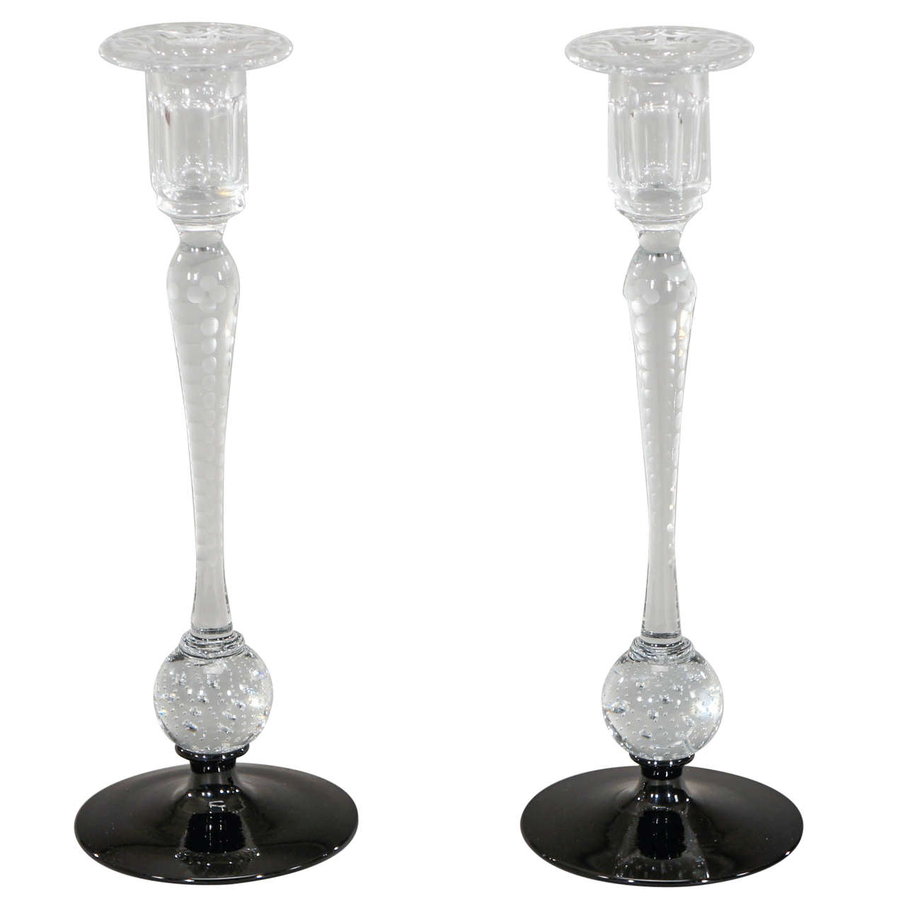 Rare Pair of Pairpoint Handblown, Wheel Cut Crystal Candlesticks with Black Base For Sale