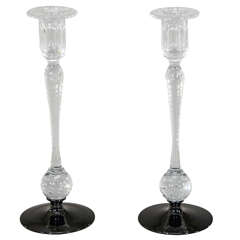 Rare Pair of Pairpoint Handblown, Wheel Cut Crystal Candlesticks with Black Base