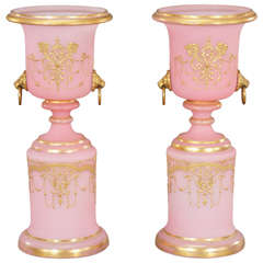 Pair of 19th Century French Pink Opal Glass Mantle Vases w/ Raised Gold Decora