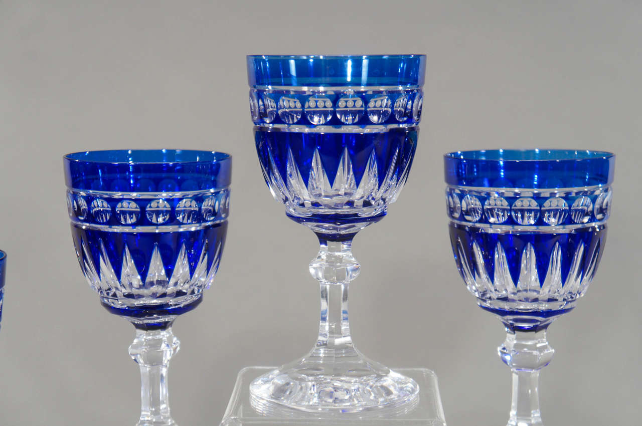 Art Deco Set of Twelve Val Saint Lambert Hand Blown Crystal Goblets, Cobalt Cut To Clear
