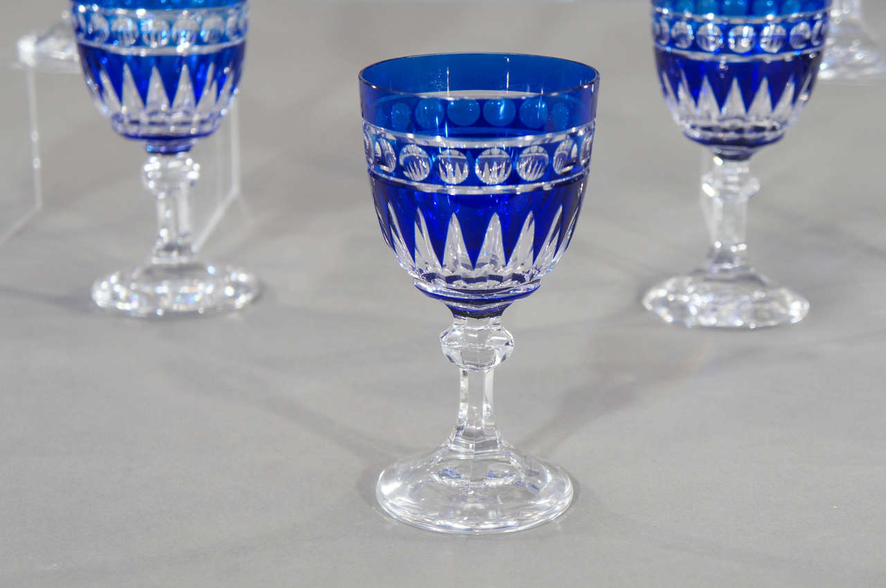 Belgian Set of Twelve Val Saint Lambert Hand Blown Crystal Goblets, Cobalt Cut To Clear