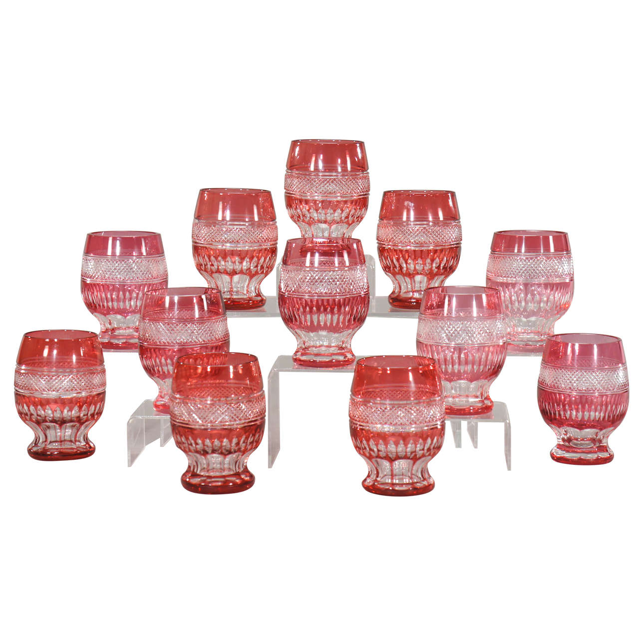 Set of 12 Bohemian, Handblown Crystal Cranberry Overlay CutTo Clear Tumblers For Sale