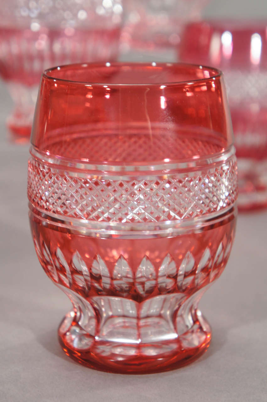 German Set of 12 Bohemian, Handblown Crystal Cranberry Overlay CutTo Clear Tumblers For Sale