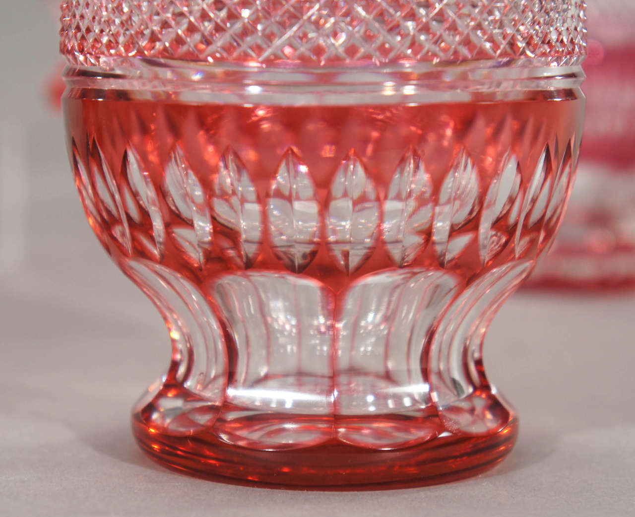 Mid-20th Century Set of 12 Bohemian, Handblown Crystal Cranberry Overlay CutTo Clear Tumblers For Sale
