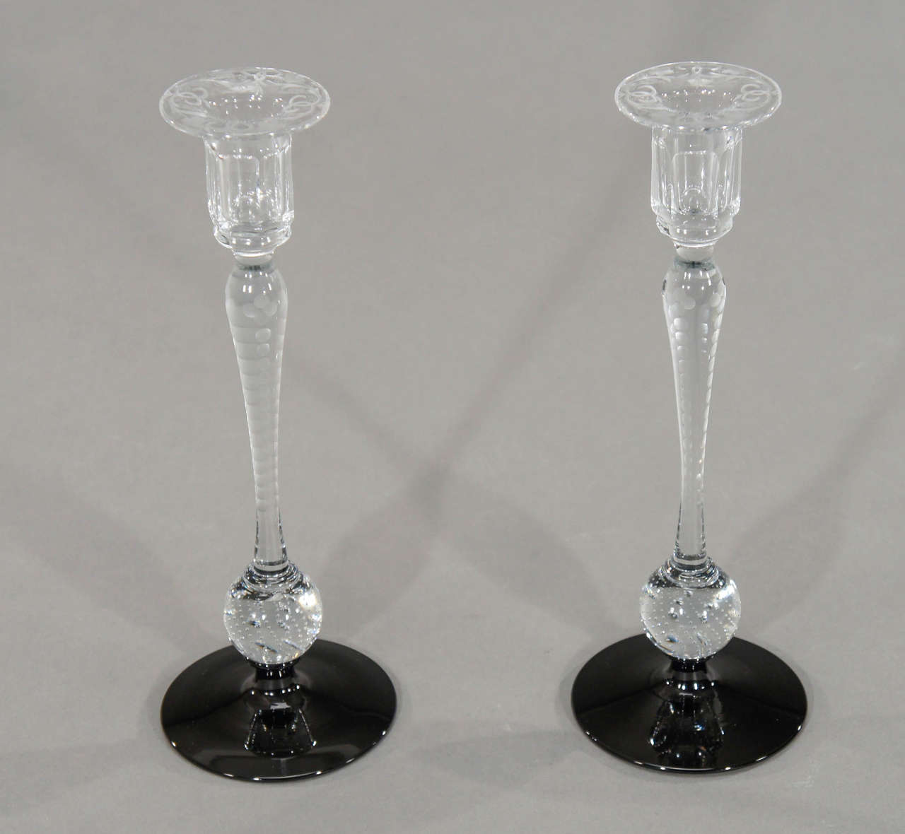 Rare Pair of Pairpoint Handblown, Wheel Cut Crystal Candlesticks with