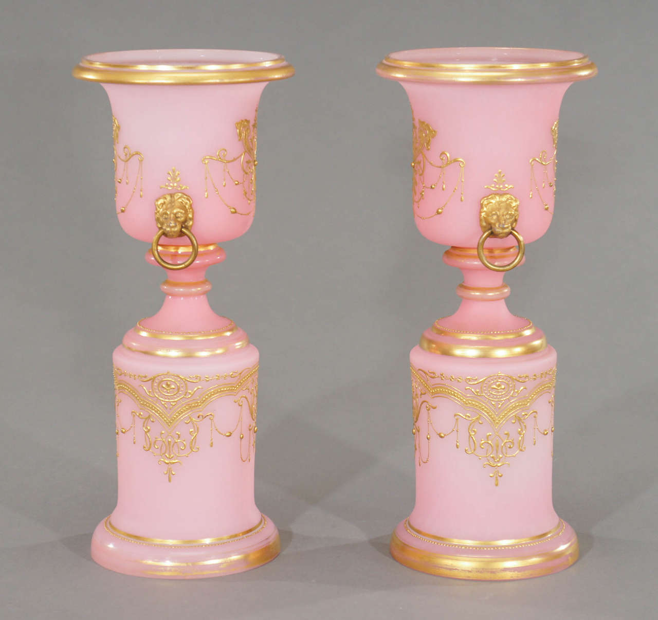 Pair of 19th Century French Pink Opal Glass Mantle Vases w/ Raised Gold
