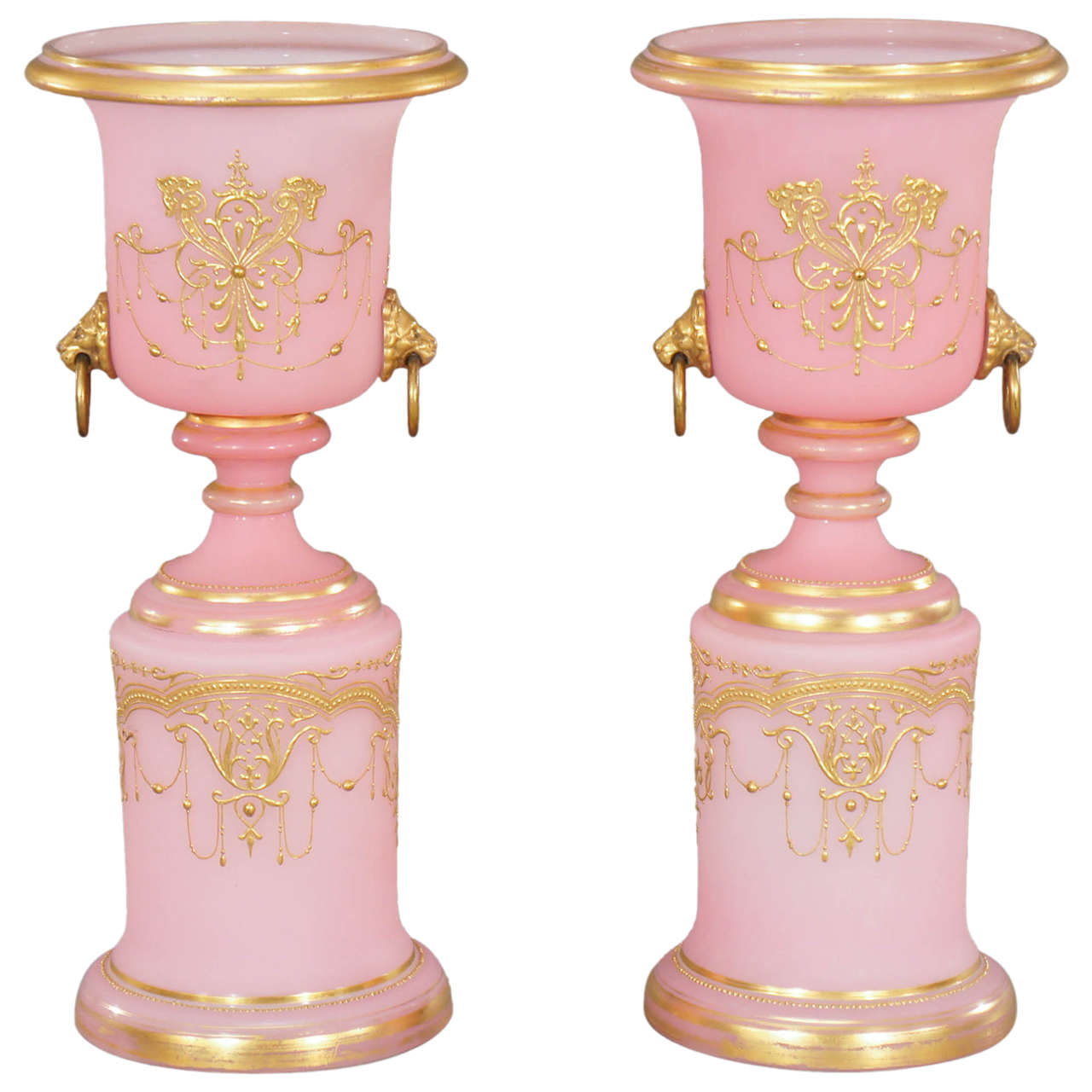 Pair of 19th Century French Pink Opal Glass Mantle Vases w/ Raised Gold Decora For Sale at 1stdibs