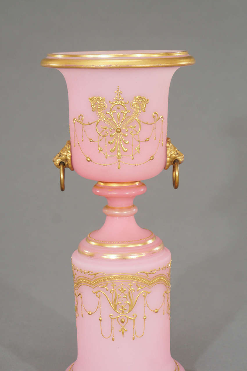 Pair of 19th Century French Pink Opal Glass Mantle Vases w/ Raised Gold