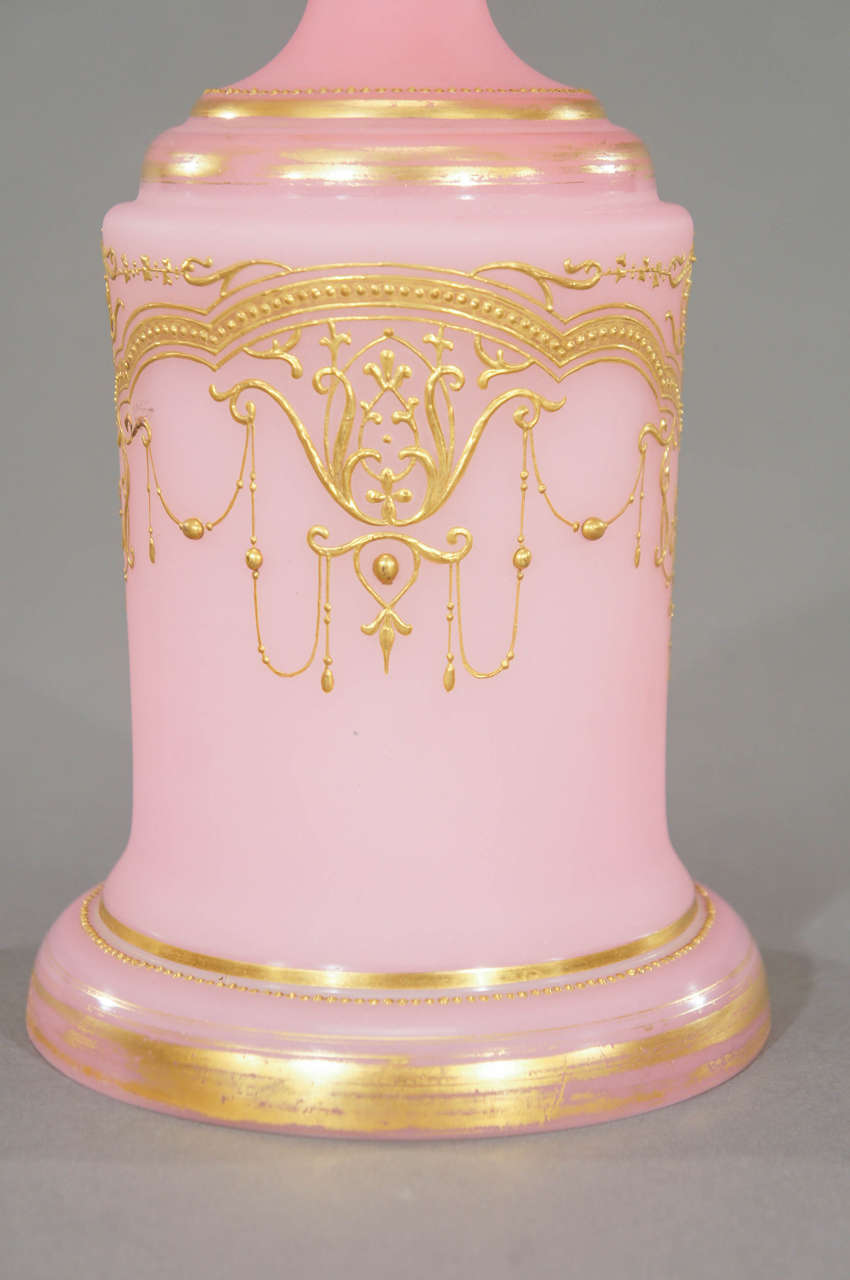 Pair of 19th Century French Pink Opal Glass Mantle Vases w/ Raised Gold