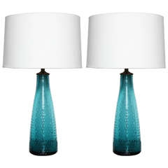 Vintage Pair of Turquoise Art Glass Table Lamps