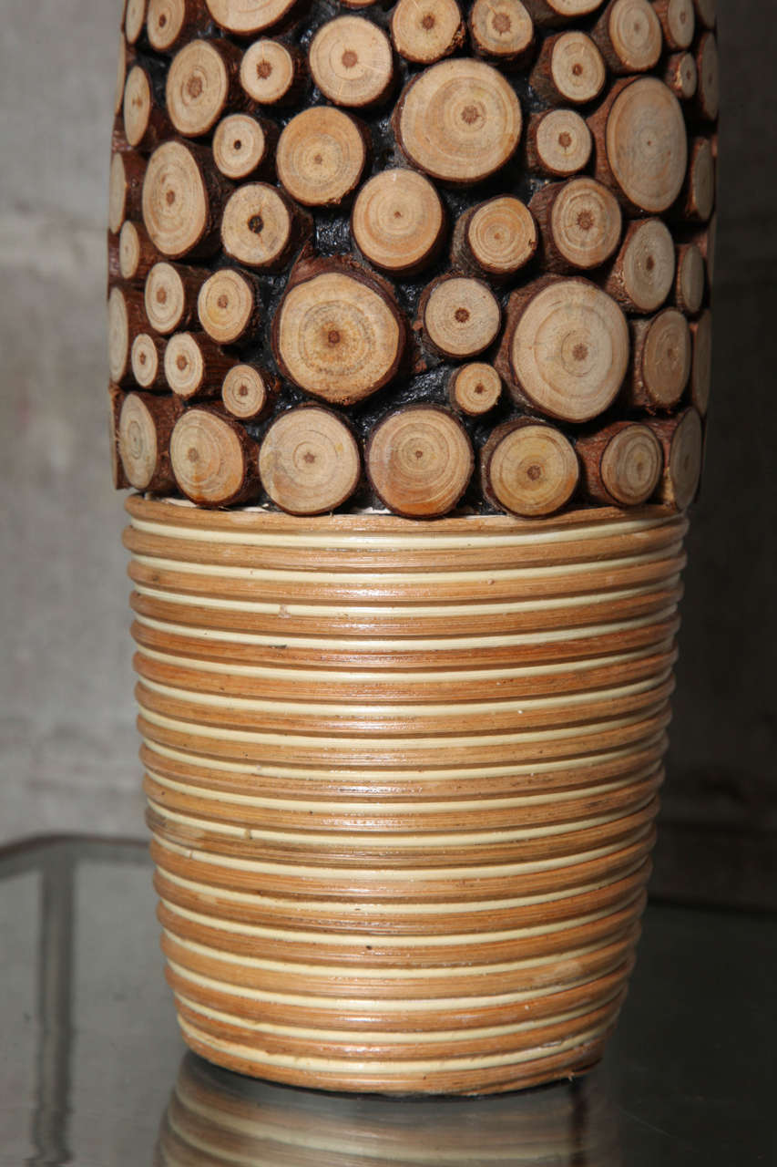 American Pair of Rattan and Carved Pine Table Lamps