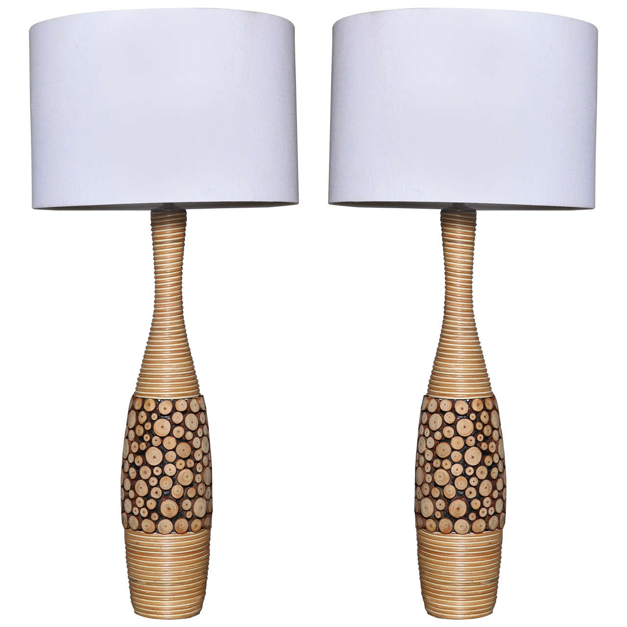 Pair of Rattan and Carved Pine Table Lamps