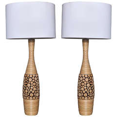 Pair of Rattan and Carved Pine Table Lamps