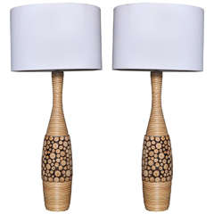 Pair of Rattan and Carved Pine Table Lamps