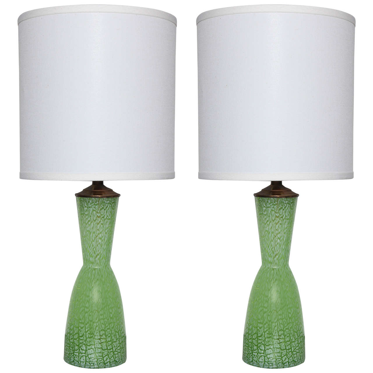Pair of Green and White Murano Glass Lamps