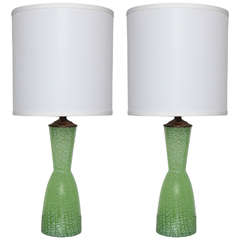 Pair of Green and White Murano Glass Lamps