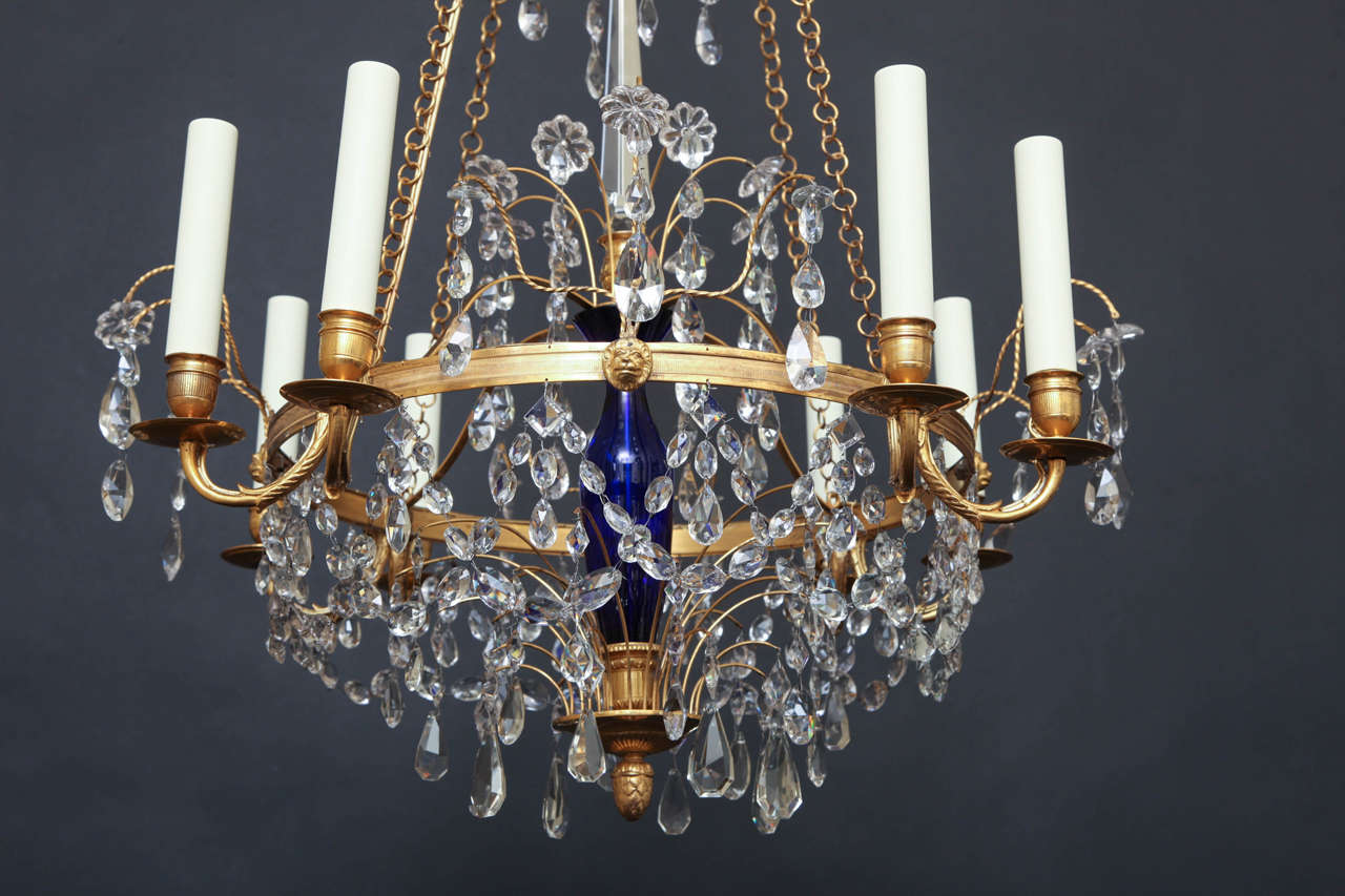 Baltic Early 20th Century Russian Bronze, Cobalt and Crystal Chandelier For Sale