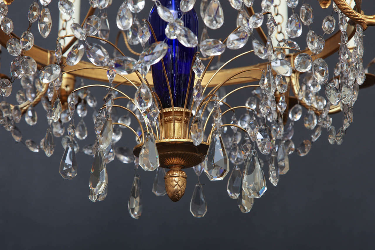 Early 20th Century Russian Bronze, Cobalt and Crystal Chandelier In Excellent Condition For Sale In New York, NY