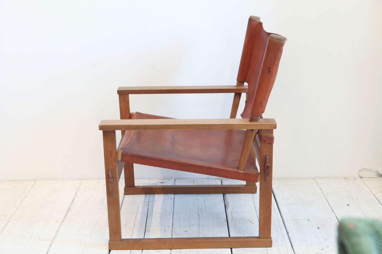 Danish Leather and Wood Safari Style Chair
