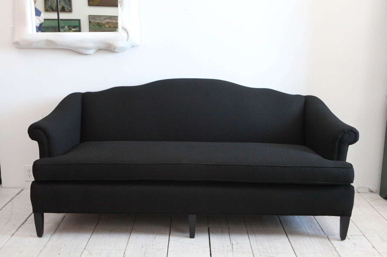 Vintage Camelback Sofa Upholstered in Black Linen at 1stDibs | black  vintage couch, black vintage sofa, black linen sofa