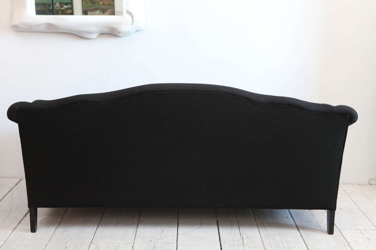 American Vintage Camelback Sofa Upholstered in Black Linen
